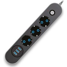Belirtilmemiş Termal Akım Korumalı Uzatma Kablosu Siyah 3lü Priz Usb'li Uzatma Kablosu Tuşlu