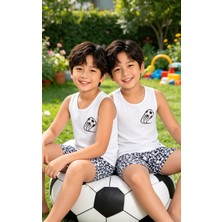 NiCe İç Giyim Futbol Temalı Erkek Çocuk Beyaz & Mavi Atlet & Şort Yumuşak Pamuklu Penye Trend Pijama Takım