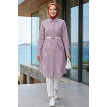 Harma Time Butik Kadın Çizgi Desenli Kemerli  Keten Mor Gömlek