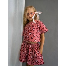 Poala Kids Pembe Leopar Şort Crop Takım Kız Çocuk Alt Üst Takım