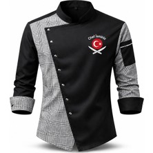 Mekaizen Chef Ceketi – Aşçı Üniforması, Aşçı Gömleği Aşçı Forması Asimetrik Tasarım Türk Bayraklı Nakış Hediyeli
