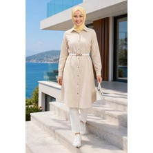 Harma Time Butik Kadın Çizgi Desenli Kemerli  Keten Bej Gömlek