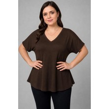 Curvy Trend Büyük Beden V Yaka Kısa Kol Geniş Etekli Bluz