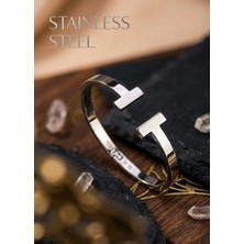 Stainless Steel Gümüş Renk Iki Şerit Uçlu Çelik Kelepçe Bileklik