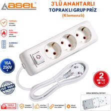 Asel 3'lü Anahtarlı Topraklı Grup Priz Çoklu Priz Uzatma Kablosu 2 Metre
