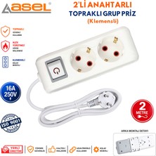 Asel 2'li Anahtarlı Topraklı Grup Priz Çoklu Priz Uzatma Kablosu 2 Metre