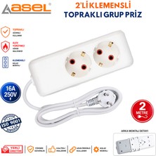 Asel 2'li Topraklı Grup Priz Çoklu Priz Uzatma Kablosu 2 Metre