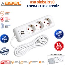Asel 3'lü Usb'li Topraklı Grup Priz Çoklu Priz Uzatma Kablosu 1,5 Metre