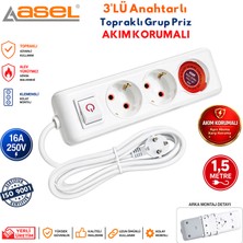 Asel 3'lü Anahtarlı Akım Korumalı Topraklı Grup Priz Çoklu Priz Uzatma Kablosu 1,5 Metre