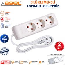 Asel 3'lü Topraklı Grup Priz Çoklu Priz Uzatma Kablosu 2 Metre