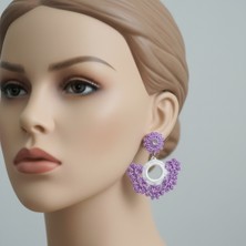 Pafuli El Örgüsü Etnik Küpe Çiçekli Lila - Beyaz
