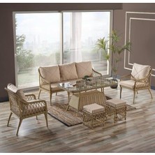 Bn Garden Savanna Cappuccinno  3+1+1 Camlı Masa  Rattan Balkon Bahçe Takımı