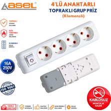 Asel 4'lü Anahtarlı Topraklı Grup Priz Çoklu Priz