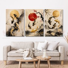 Artarilion Dikey 3'lü Kanvas Tablo Seti Güneş ve Koi Balıkları Modern Ev Ofis Dekorasyonu Yeni Ev Hediyesi