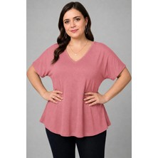Curvy Trend Büyük Beden V Yaka Kısa Kol Geniş Etekli Bluz