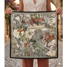 Dipol Butik Leopar ve Tropikal Desenli Şık Kare Fular Saten Bandana Fular 50X50 cm