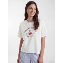 Lcw Young Beyaz Bisiklet Yaka Baskılı Kadın Pijama Takım
