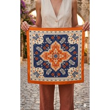 Dipol Butik Turuncu ve Lacivert Etnik Desenli Kare Saten Bandana Fular 50X50 cm