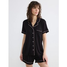 Lcw Dream Siyah Gömlek Yaka Kadın Şortlu Pijama Takımı