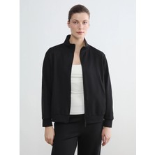 LC Waikiki Lcwaıkıkı Classic Siyah Dik Yaka Şerit Detaylı Kadın Fermuarlı Sweatshirt