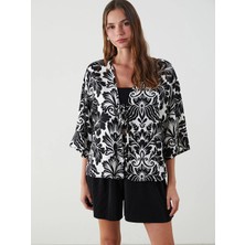 Lcw Vision Siyah Şal Yaka Çiçekli Oversize Kadın Kimono
