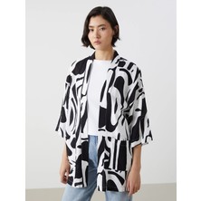 Lcw Vision Siyah Şal Yaka Desenli Keten Görünümlü Kadın Kimono