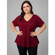 Curvy Trend Büyük Beden V Yaka Kısa Kol Geniş Etekli Bluz