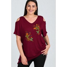 Curvy Trend Büyük Beden Koi Fish Baskılı Omuzu V Pencere Kısa Kol Bluz