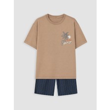 LC Waikiki Lcw Kids Kahverengi Bisiklet Yaka Erkek Çocuk Şortlu Pijama Takımı