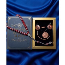 Seyhan Soylu Shop - Özel Tasarım Kitap Kutulu Kadın Bakır Takı Seti ve Tesbih Kombini - Kolye Küpe Bileklik Yüzük 5 Parça Otantik Şık Hediyelik - Doğum Günü Yıl Dönümü Anneler Günü