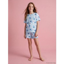 LC Waikiki Lcw Kids Mavi Stitch Baskılı Kız Çocuk Şortlu Pijama Takımı
