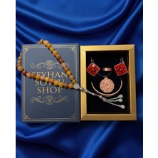 Seyhan Soylu Shop - Özel Tasarım Kitap Kutulu Kadın Bakır Takı Seti ve Tesbih Kombini - Kolye Küpe Bileklik Yüzük 5 Parça Otantik Şık Hediyelik - Doğum Günü Yıl Dönümü Anneler Günü