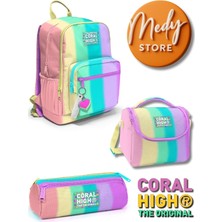 Coral High Renkli Çizgili Desenli 3’lü Okul Çanta Seti (3 Bölmelikalem Kutu)