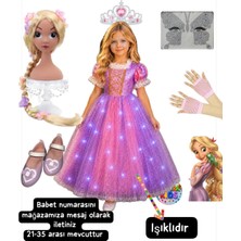 Bemora Kids Işıklı Rapunzel Kostüm + Rapunzel Peruk Saç + Eldiven + Taç + Yüz Taşı +Mor Babet Seti