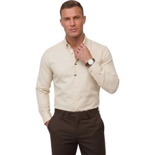 Rizzup Krem Slim Fit Likralı Kolay Ütülenebilir Gizli Düğmeli Erkek Gömlek 2602614