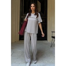 Ded Collection Kadın Ince Biye Detaylı Kısa Kol Üst Geniş Paça Pantolon Modal Rahat Ikili Takım