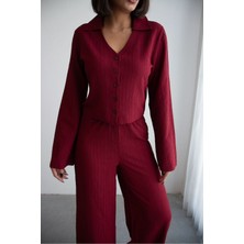 Ded Collection Kadın Krinkıl Kumaş Düğmeli Gömlek ve Yüksek Bel Bol Paça Pantolon Takım