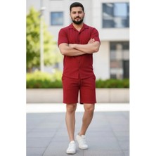 Nova Epoxy Art   Erkek Waffle Kumaş Kısa Kollu Gömlek Şort Takım Regular Fit Yazlık Ikili Set - Bordo