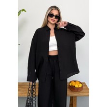 Ded Collection Kadın Keten Dokulu Kendinden Çizgili Görünümlü Rahat Kalıp Gömlek Pantolon Takım