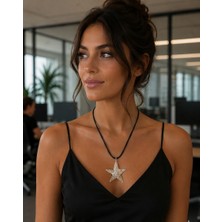 Vintage Takı Gümüş Kaplama Siyah Deri Ipli Süper Star Yıldız Kolye & Vintage Silver Yıldız Kolye