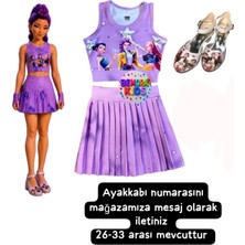 Bemora Kids Kpop Huntrix Mor Etek Bluz Alt Üst 2 Li Takım Şort Etek + Kpop Huntrix Topuklu Ayakkabı Kız Çocuk Ayakkabı Etek Bluz Seti