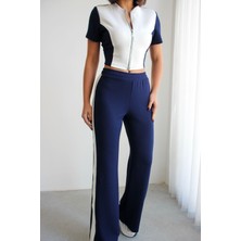 Ded Collection Kadın Hakim Yaka Fermuarlı ve Garnili Crop Üst Alt Modal Takım
