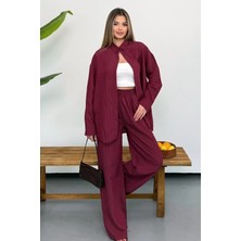 Ded Collection Kadın Keten Dokulu Kendinden Çizgili Görünümlü Rahat Kalıp Gömlek Pantolon Takım