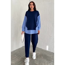 Ded Collection Kadın Mavi Beyaz Çizgili Modern Tasarım Uzun Kollu Gömlek Detaylı Sweatshirt Modal Takım