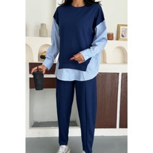 Ded Collection Kadın Çizgili Uzun Kollu Gömlek Detaylı Yuvarlak Yaka Sweatshirt Modal Takım