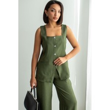 Ded Collection Kadın Kare Yaka Düğmeli Yelek Pantolon Şık Takım