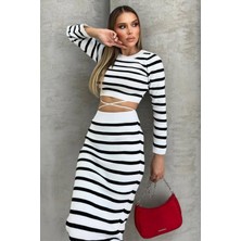 Ded Collection Kadın Bel Bağlamalı Çizgili Kazak Etek Crop Triko Takım