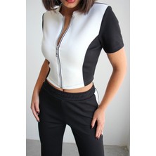 Ded Collection Kadın Hakim Yaka Fermuarlı ve Garnili Crop Üst Alt Modal Takım