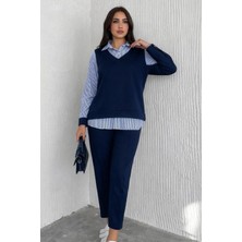 Ded Collection Kadın Kendinden Süveterli Uzun Kol Çizgili Gömlekli Modal Rahat Takım