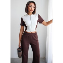 Ded Collection Kadın Hakim Yaka Fermuarlı ve Garnili Crop Üst Alt Modal Takım
